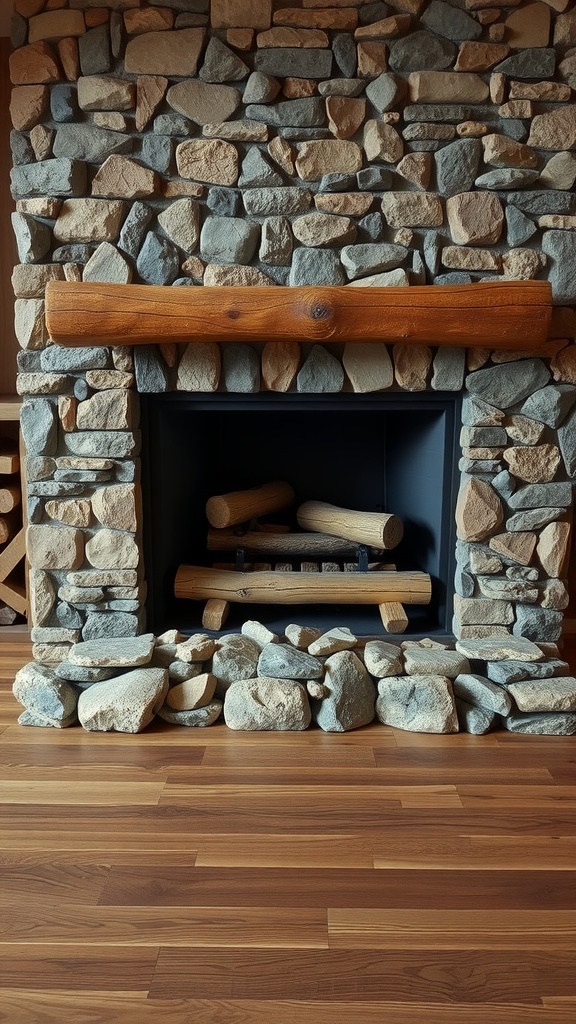 A rustic stone fireplace with a wooden beam and logs inside.