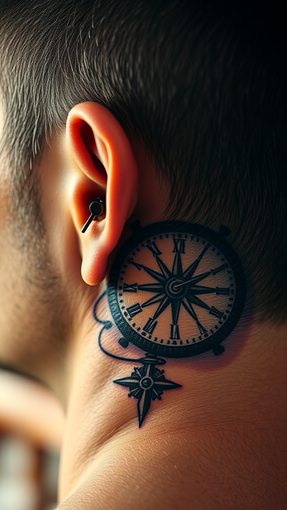 A tattoo design featuring a vintage clock and compass behind a man's ear.