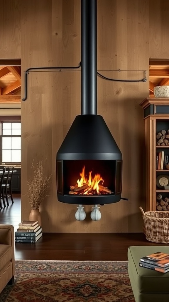 Wall-mounted fireplace with a black exterior, wooden wall backdrop, and visible flames
