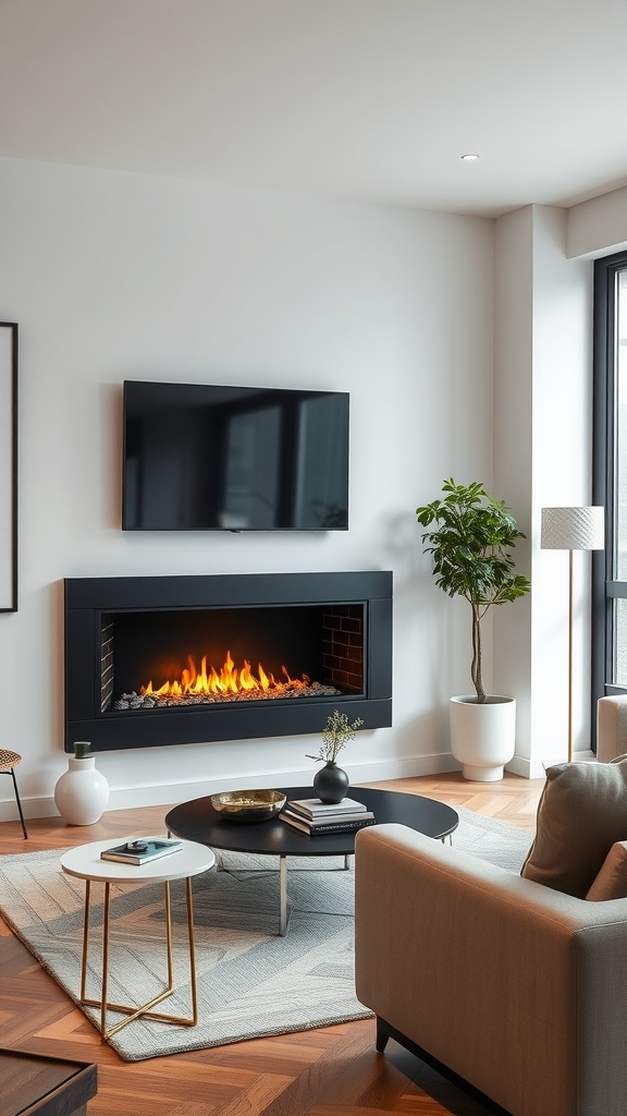 A modern living room featuring a wall-mounted gas fireplace with flames, a flat-screen TV, and stylish furniture.