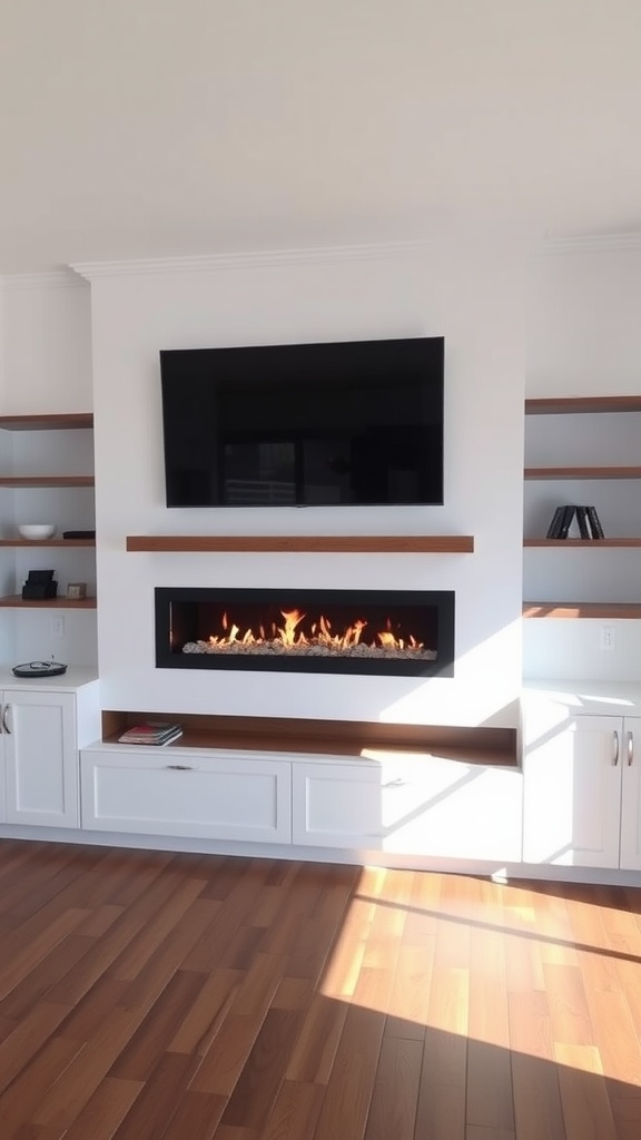 A modern living room featuring a wall-mounted TV above a gas fireplace with a clean and simple design.