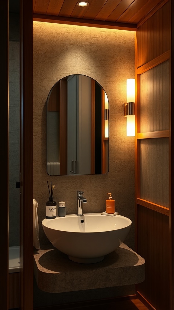 A modern bathroom with warm LED wall sconces highlighting a round sink and mirror