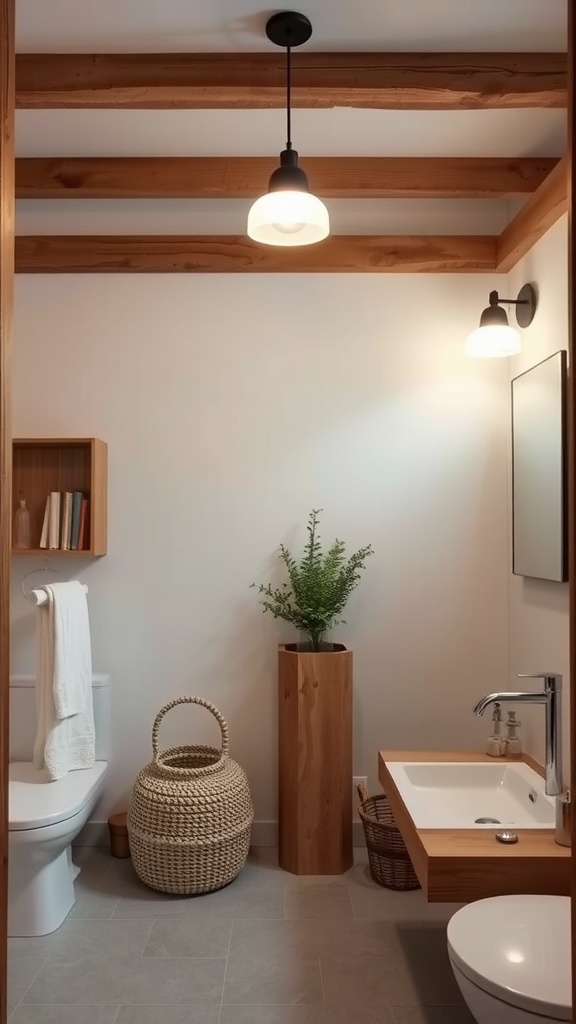 A bathroom featuring wooden beam light fixtures, minimalist design, and natural elements.