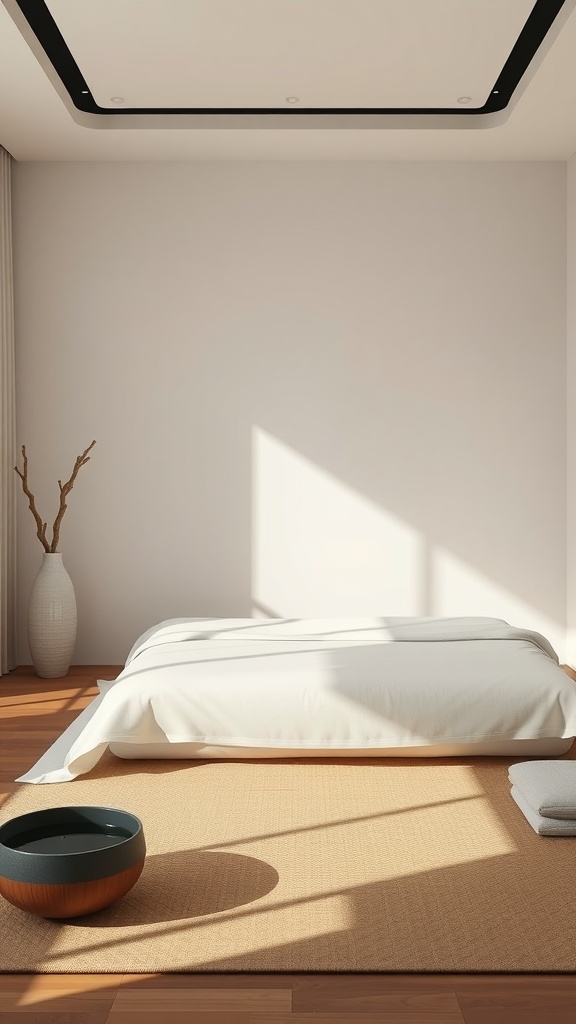 A minimalist bedroom with natural light, a simple bed, and a decorative bowl.