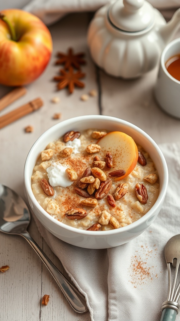 A bowl of apple cinnamon oatmeal topped with nuts and apple slices