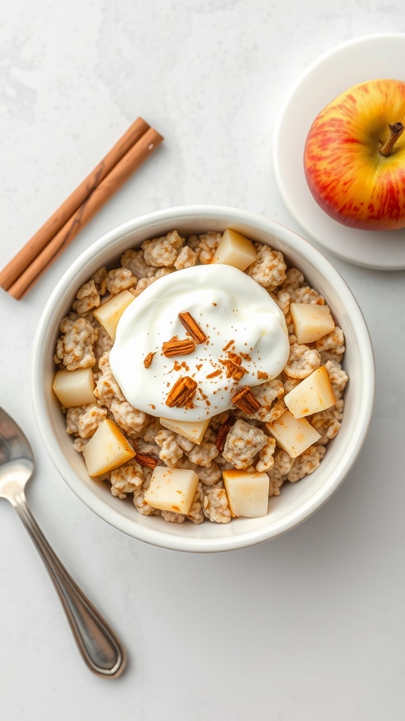 A bowl of Apple Cinnamon Roll Overnight Oats with yogurt and diced apples.