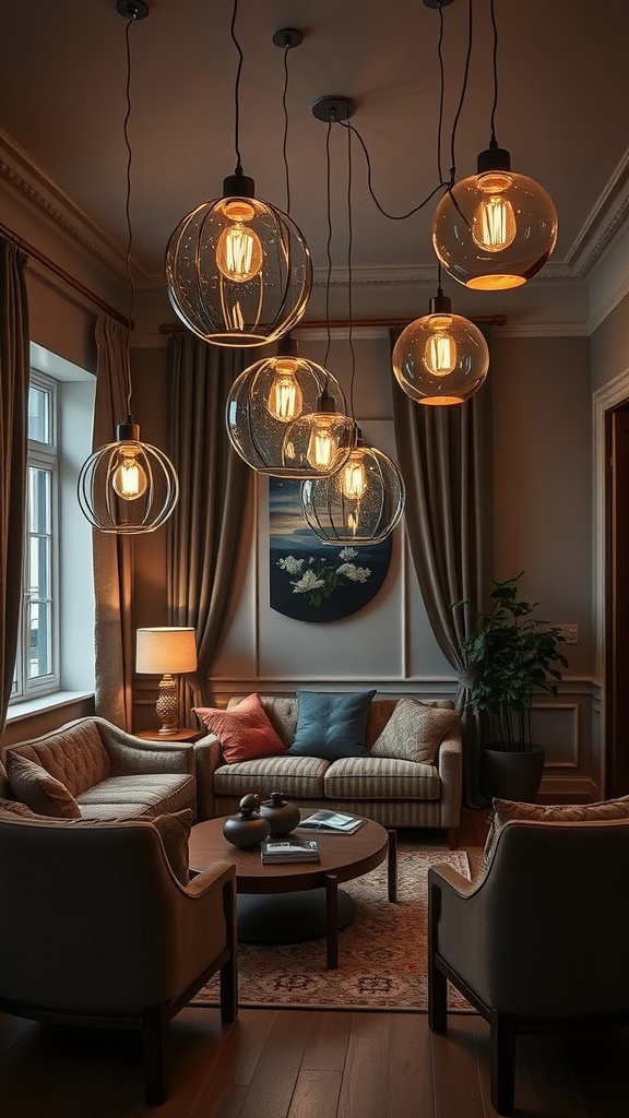 A stylish living room with artistic lighting fixtures hanging from the ceiling, creating a warm and inviting atmosphere.