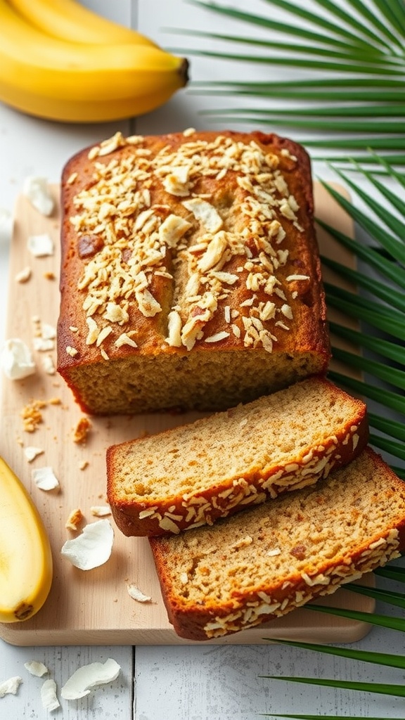 Sliced banana bread topped with coconut flakes on a wooden board, with bananas and palm leaves in the background.