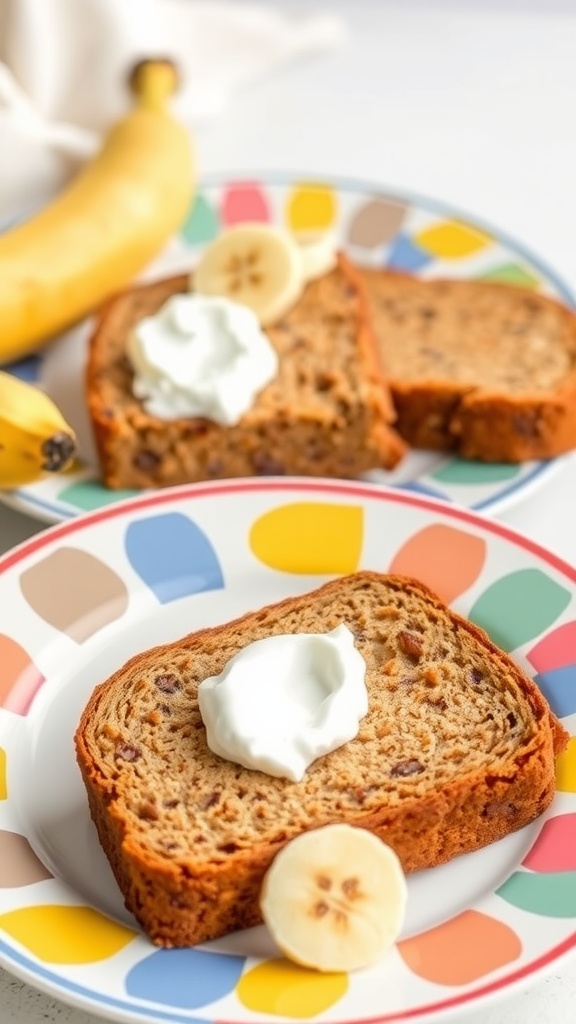 Sliced banana bread topped with Greek yogurt on a colorful plate with bananas in the background.