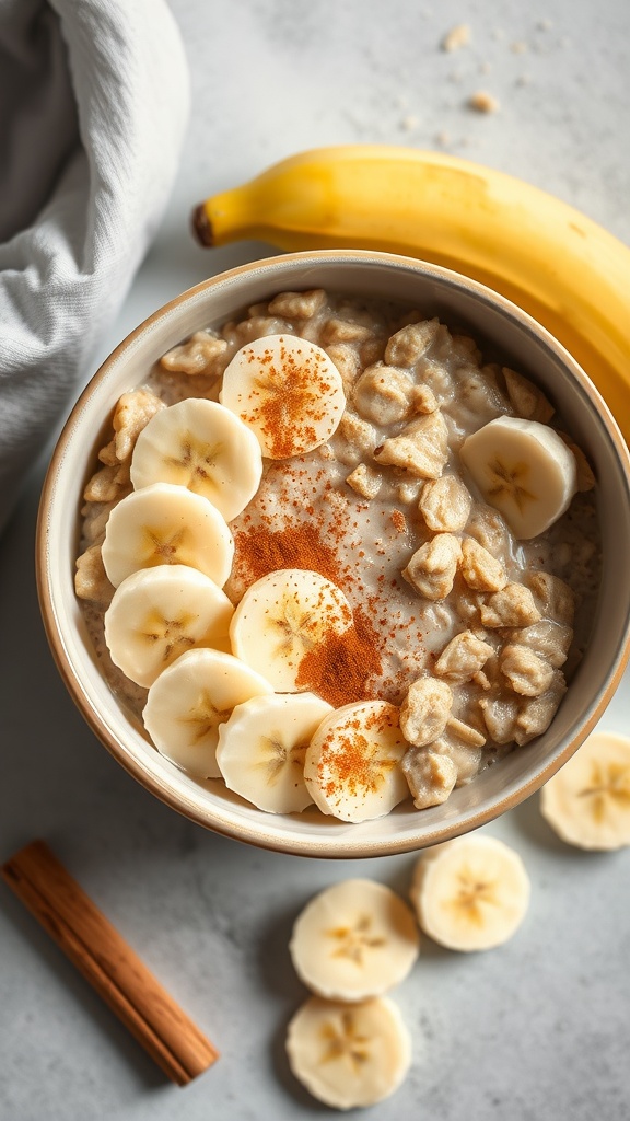 A bowl of banana cinnamon roll overnight oats topped with banana slices and cinnamon.
