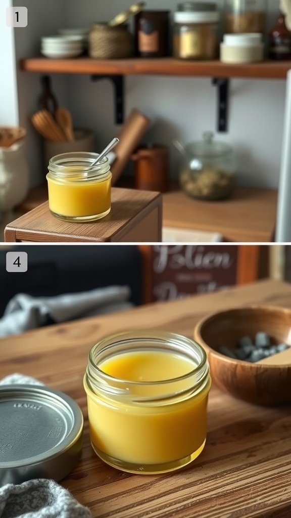 A jar of yellow beef tallow lip balm on a wooden surface with a spoon.