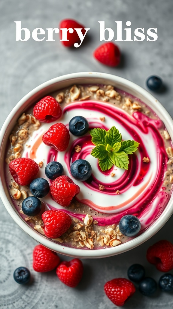 A bowl of Berry Bliss Cinnamon Roll Oats topped with raspberries, blueberries, and a swirl of yogurt.