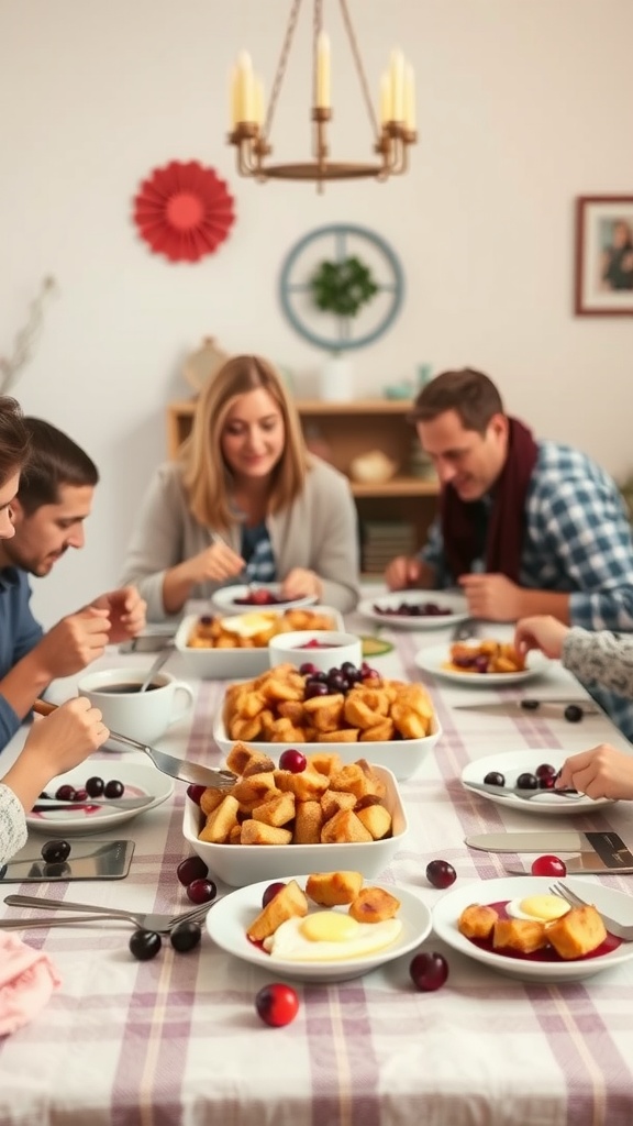 A group of people enjoying breakfast together, featuring French toast casserole and fruits on a dining table.