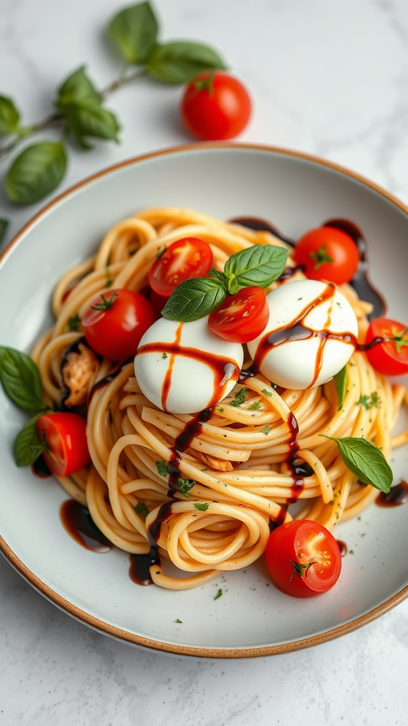 A delicious serving of Caprese Chicken Pasta topped with fresh basil and cherry tomatoes.