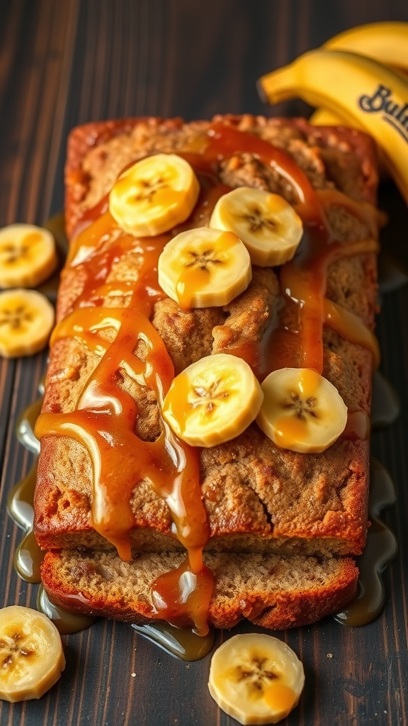 A loaf of caramelized banana bread topped with banana slices and caramel sauce.