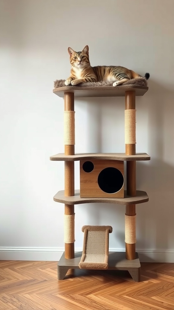 A cat lounging on a dual-level cat tree with scratching pads.