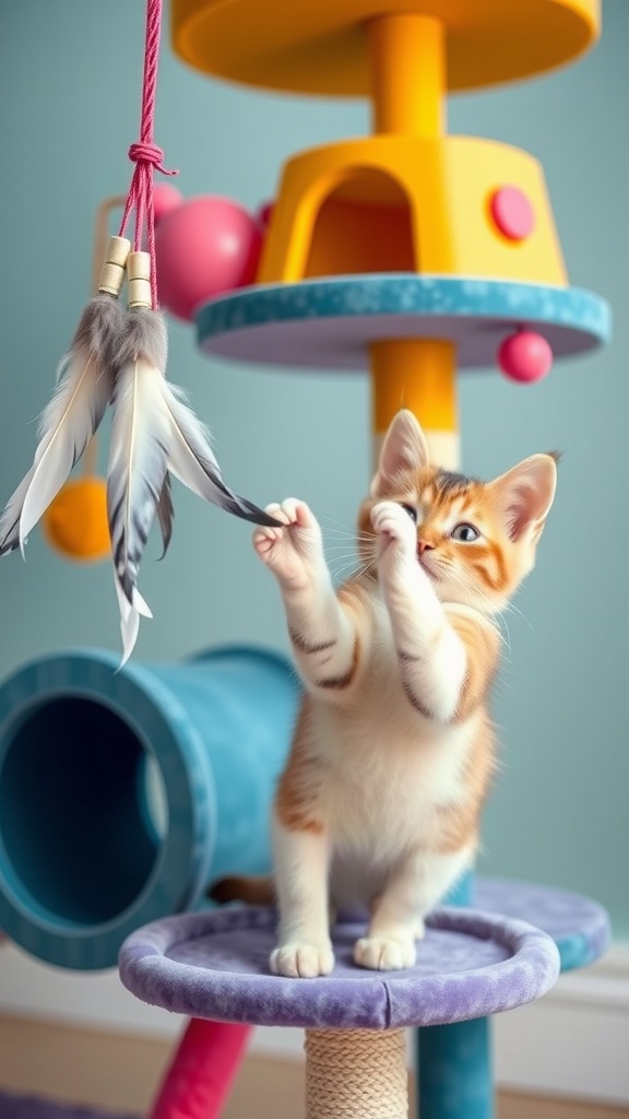 A playful kitten engaging with a feather toy on a colorful cat tree.
