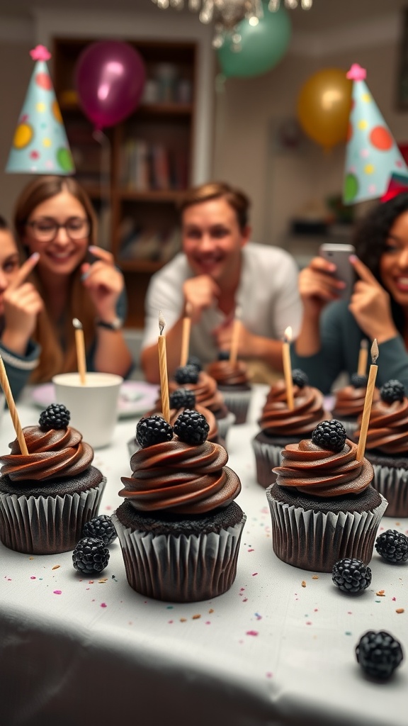 A table filled with dark chocolate blackberry cupcakes, party hats, and smiling friends.
