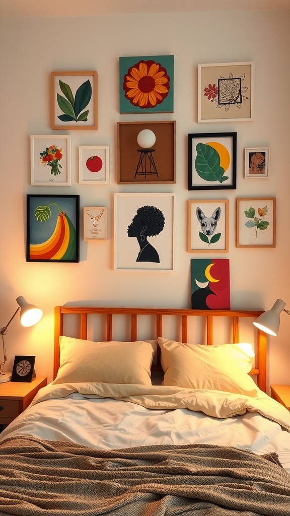 A stylish bedroom with a variety of colorful wall art framed above a bed.