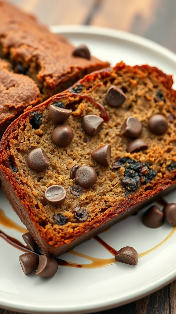 A slice of chocolate chip banana bread topped with chocolate chips on a plate.