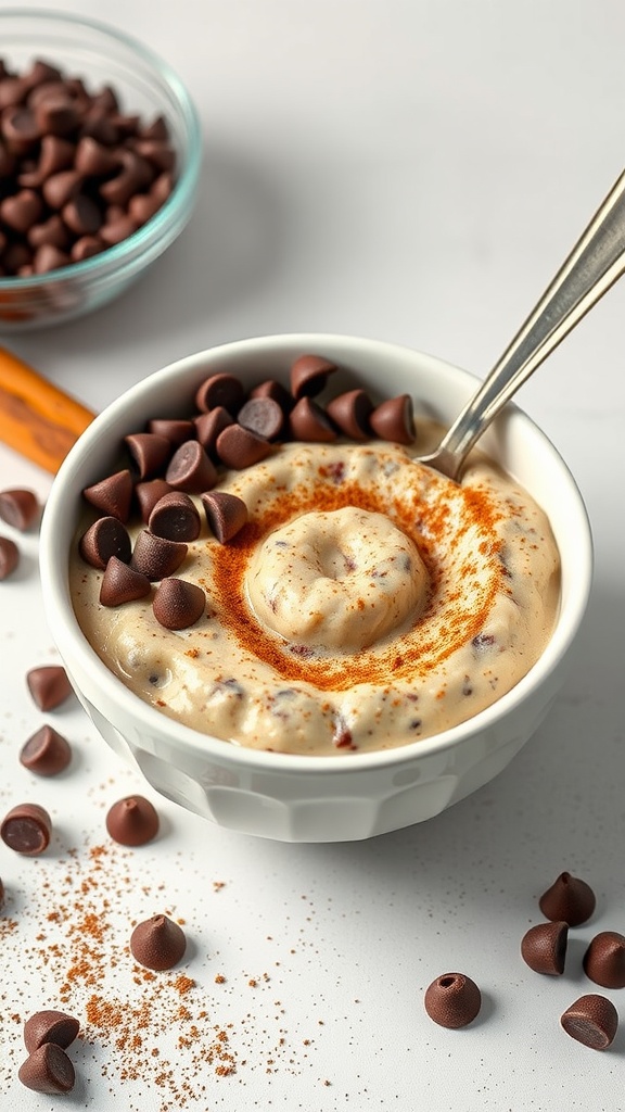 Close-up of chocolate chip cinnamon roll overnight oats with chocolate chips and cinnamon on top.