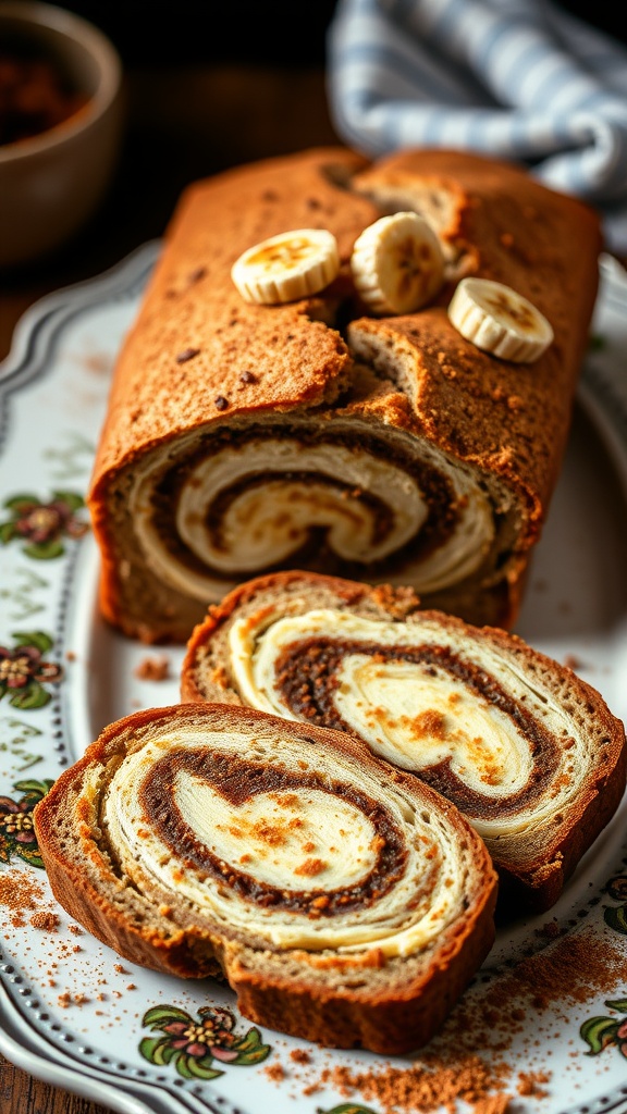 A beautifully baked cinnamon swirl banana bread with slices showcasing the cinnamon swirl pattern.