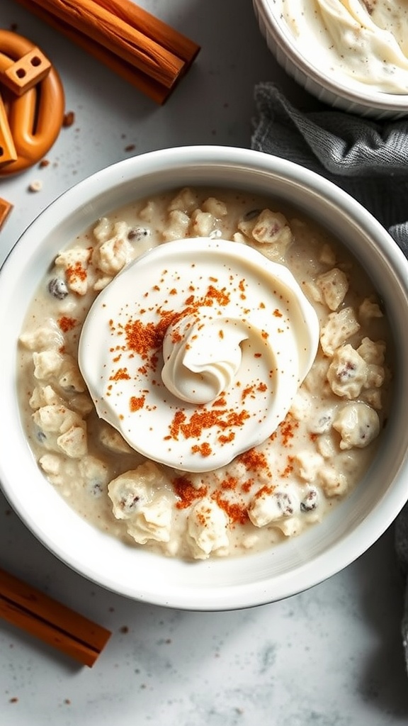 A bowl of creamy cinnamon roll overnight oats topped with yogurt and a sprinkle of cinnamon.