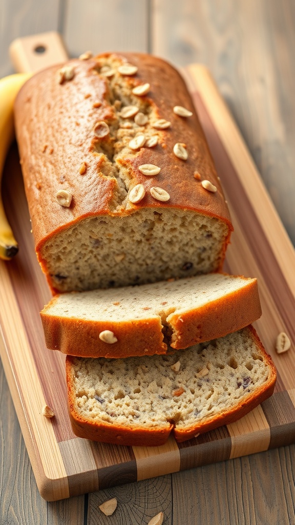 Freshly baked classic moist banana bread sliced and served on a wooden board