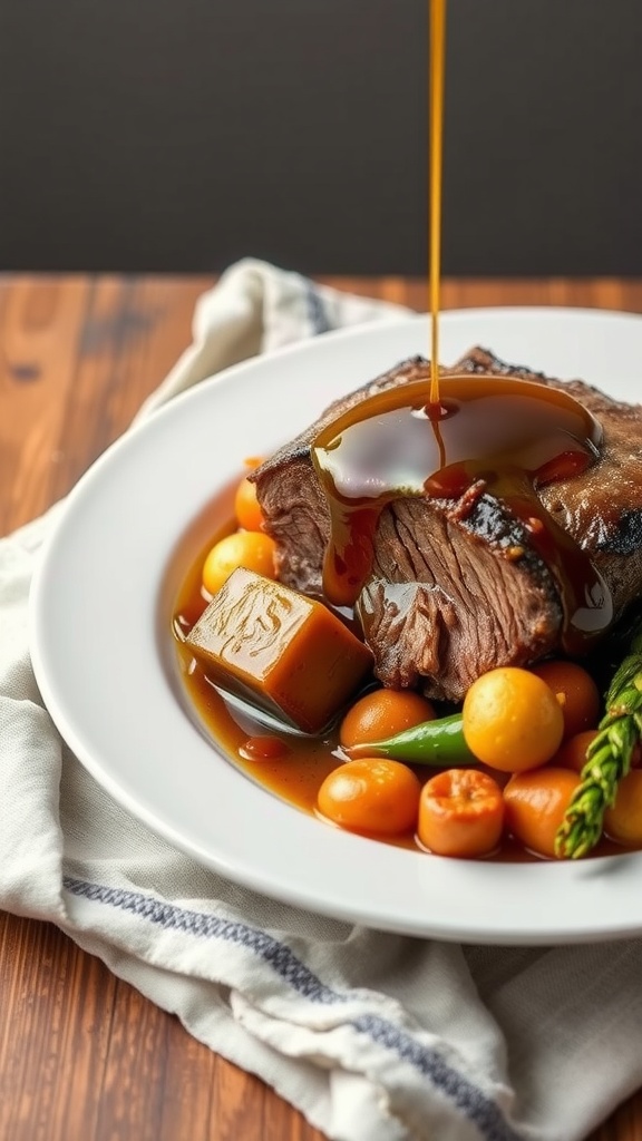 A delicious plate of classic pot roast with vegetables and rich gravy.