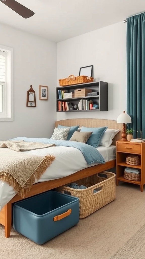 A well-organized bedroom featuring clever storage solutions, including under-bed containers, a shelf with books and decorations, and a tidy bedside table.