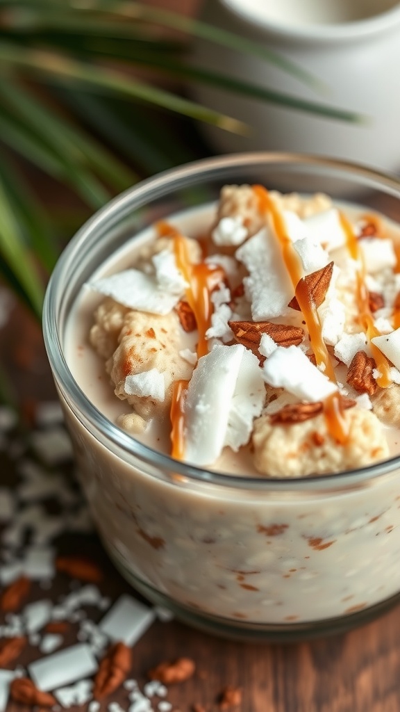 A bowl of coconut cinnamon roll overnight oats topped with coconut flakes and drizzled with caramel.