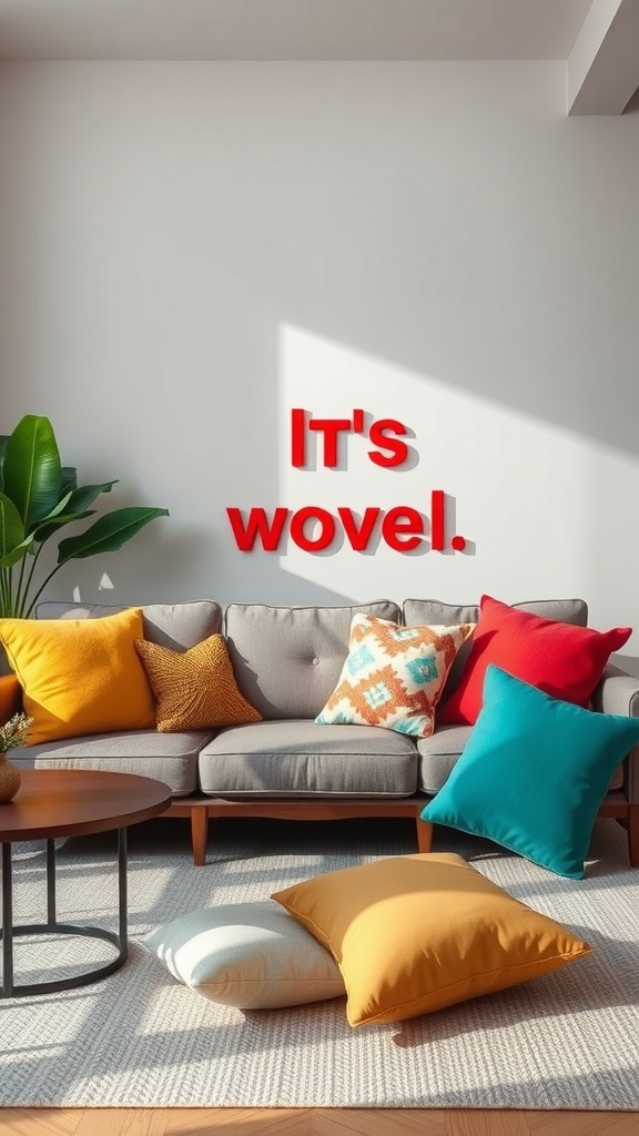 A cozy living room featuring a gray couch with colorful throw pillows, showcasing vibrant hues of turquoise, red, and yellow.