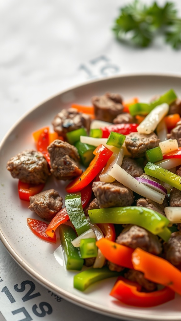 A vibrant plate of garlic butter steak bites with colorful bell peppers and onions