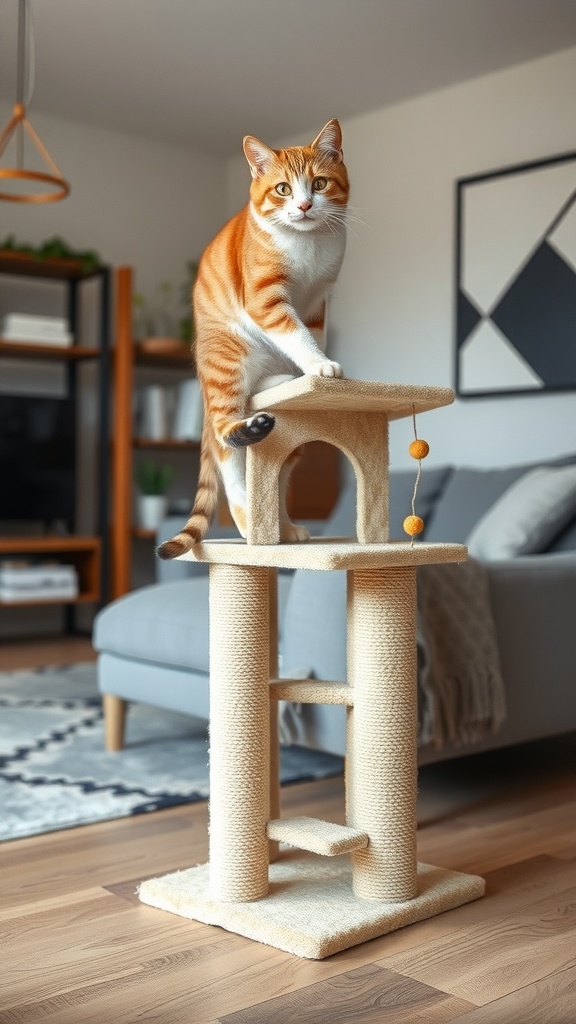 A compact cat tower with sisal scratching posts and an orange cat on top.