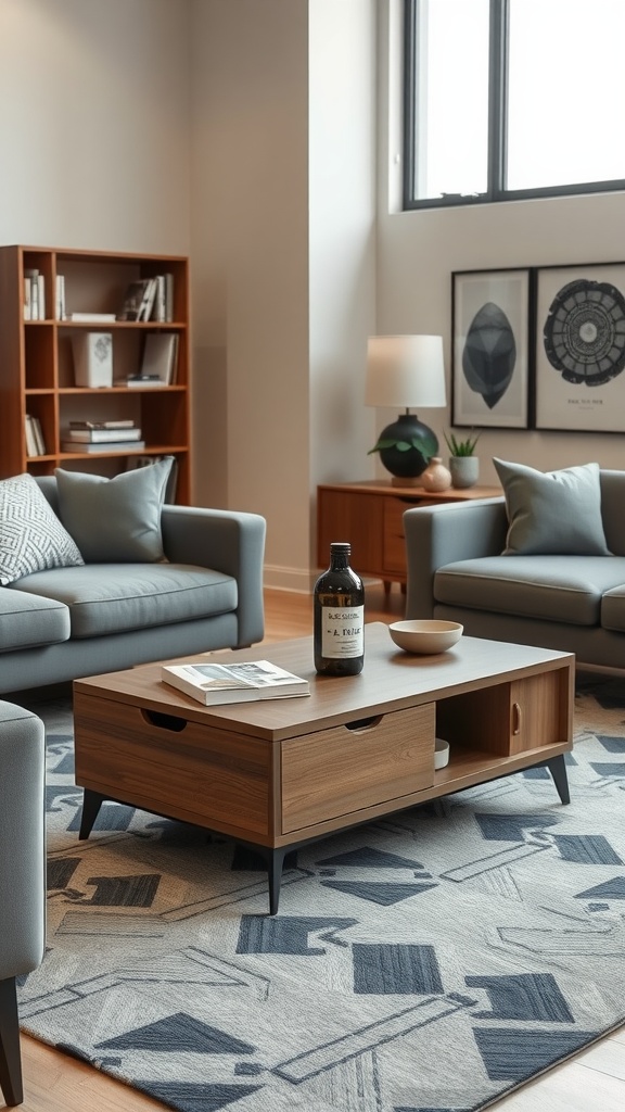 Compact coffee table with built-in storage in a modern living room