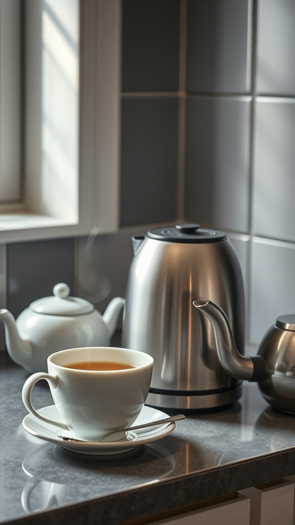 A compact electric kettle next to a steaming cup of tea.