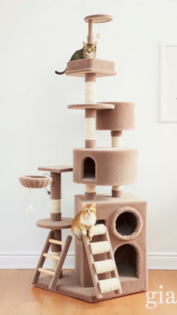 Convertible cat tree with a playhouse, featuring two cats playing and lounging.