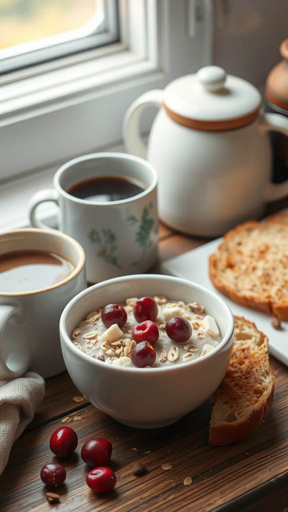 A cozy breakfast scene with white chocolate cranberry overnight oats, coffee, and toast.