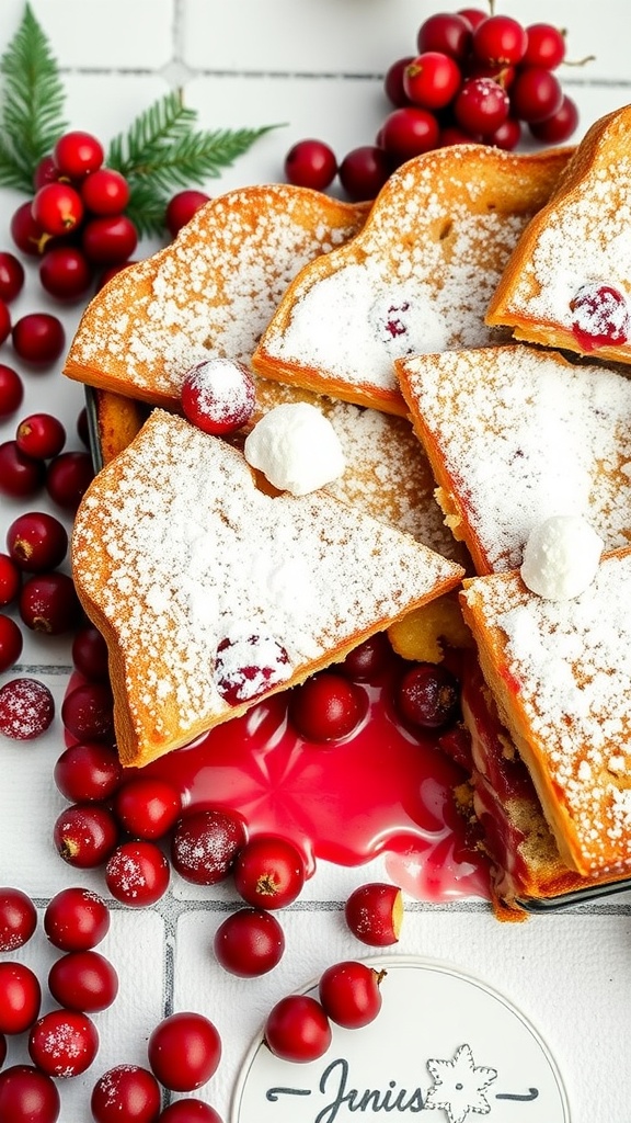 Sliced French toast casserole topped with powdered sugar and cranberries.