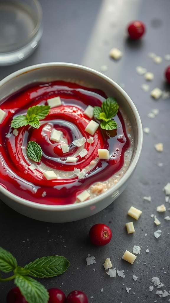 Bowl of overnight oats with a cranberry sauce swirl, topped with mint leaves and white chocolate chunks.