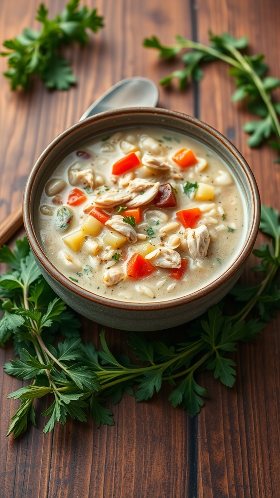 Bowl of creamy chicken and wild rice soup with colorful vegetables