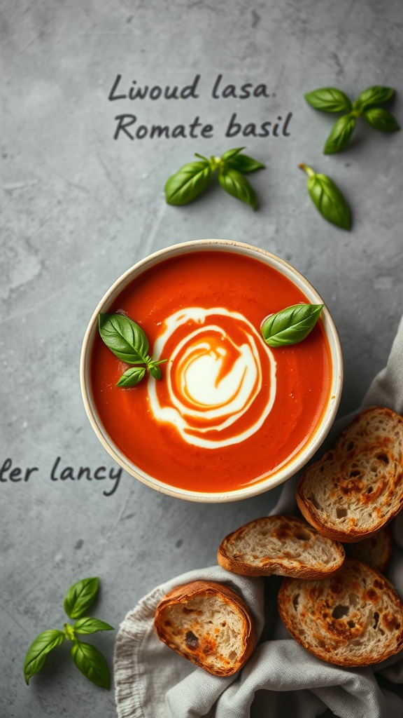 A bowl of creamy tomato basil soup garnished with fresh basil leaves and a swirl of cream.