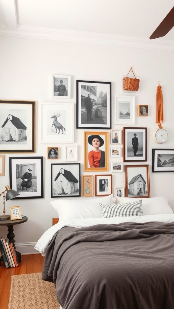 A creative wall art display featuring a mix of black and white photographs and colorful artwork in various frames above a bed.