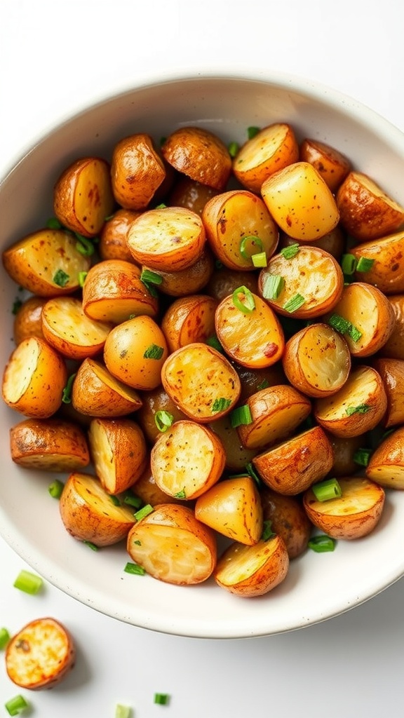 Crispy herb-seasoned baby potatoes in a bowl, garnished with green onions.