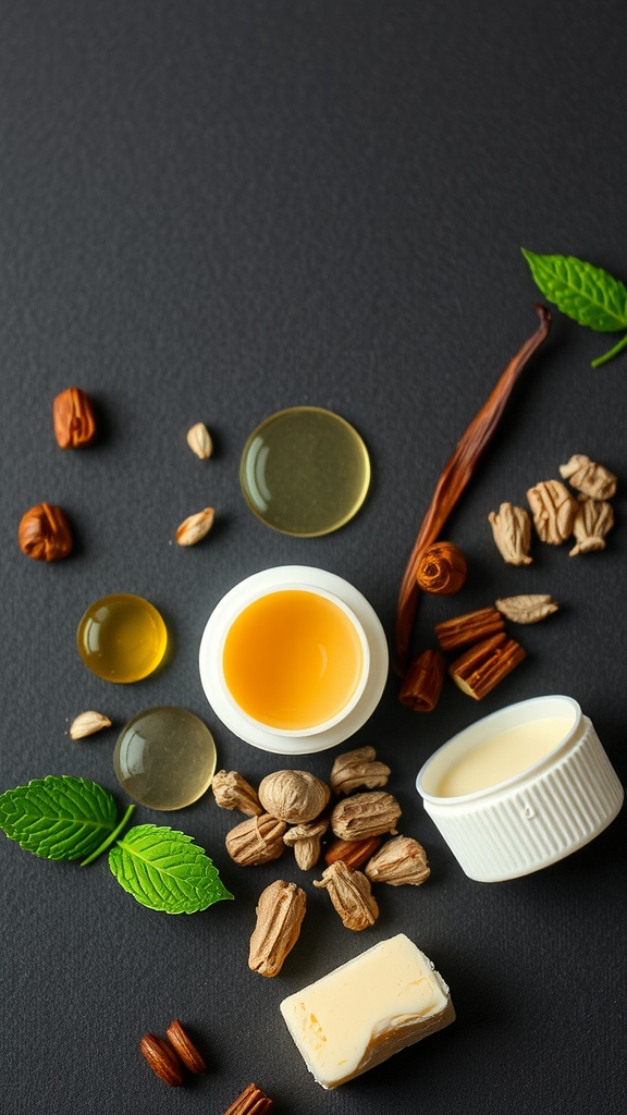 A selection of natural ingredients and containers for making lip balm.