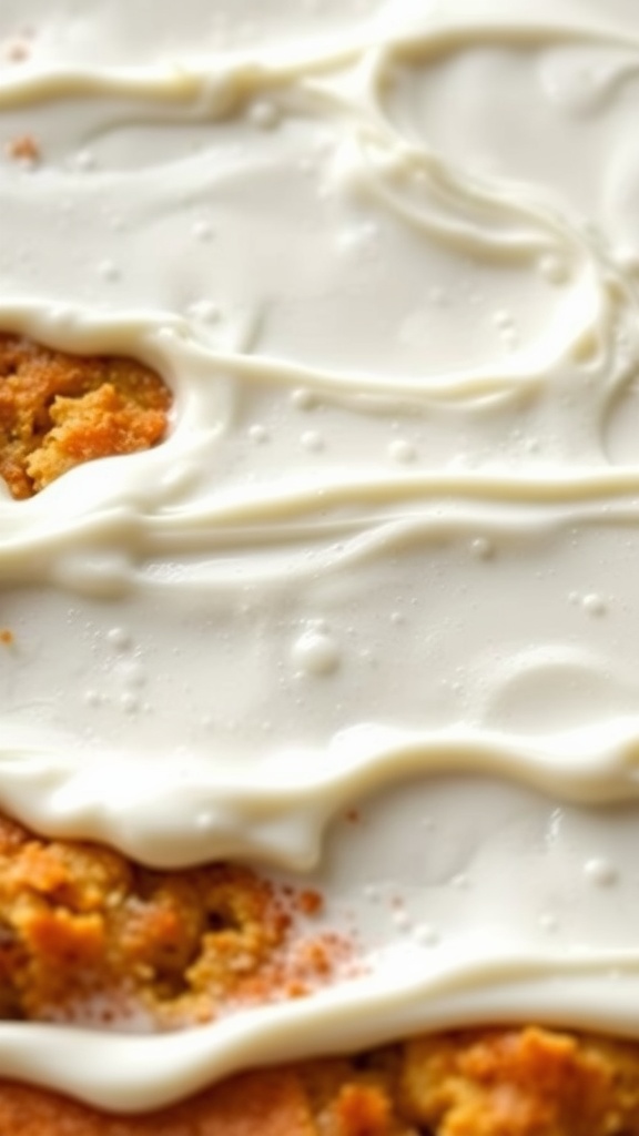 Close-up of a creamy sour cream layer spread over baked casserole.