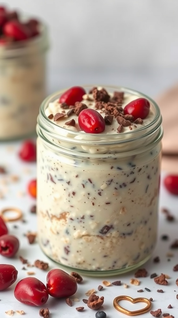A jar of white chocolate cranberry overnight oats topped with red cranberries and chocolate shavings