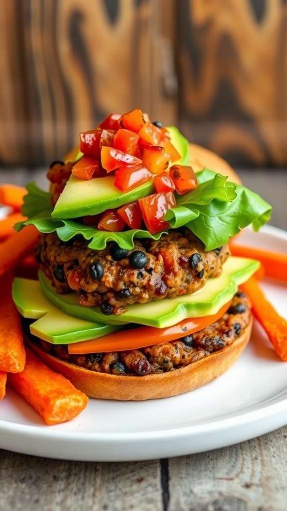 Savory Sweet Potato and Black Bean Burger Recipe A sweet potato and black bean burger on a bun with lettuce, avocado, and salsa, served with sweet potato fries.