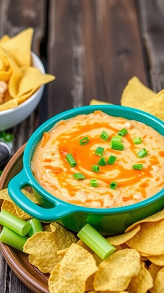 A delicious Buffalo chicken dip served in a bowl with tortilla chips and celery sticks, set against a game day backdrop.
