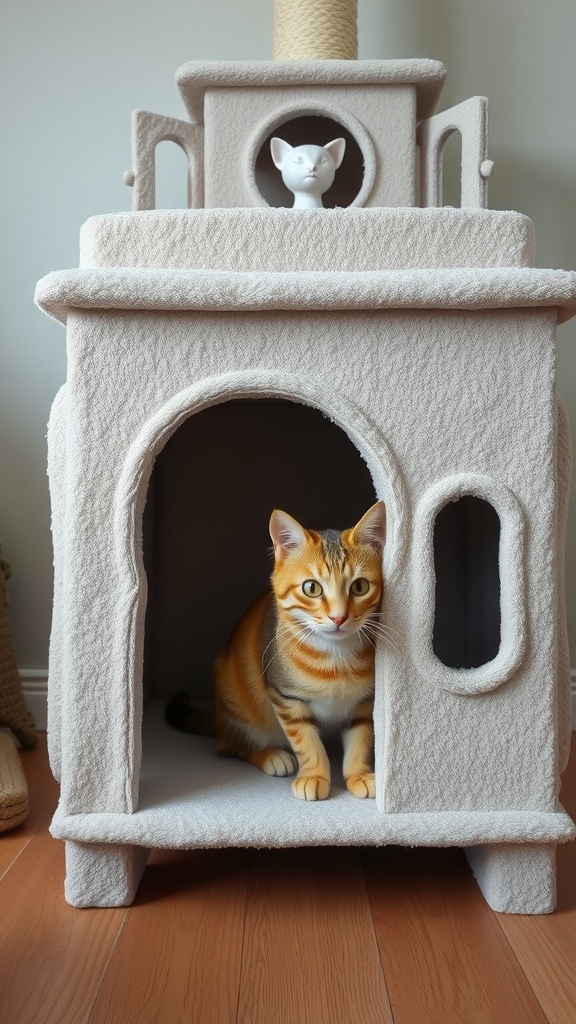 A deluxe cat condo featuring an enclosed hideaway with a cat peeking out.